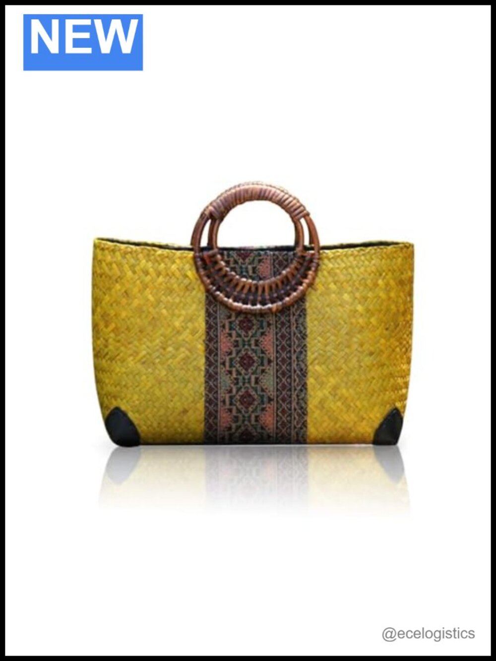 Handwoven Rattan Tote Bag Round Wooden Handle Boho Summer Beach Bag